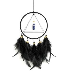 Black Feather Dream Catcher with Blue Goldstone Crystal Triangle Boho Wall Decor